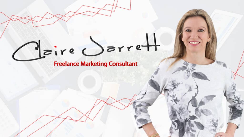 Image showing Claire Jarrett smiling along with the text freelance marketing consultant