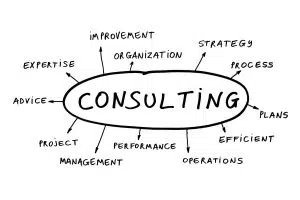 A flowchart image showing consulting in the centre with the difference services around the outside