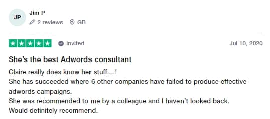 Claire Jarrett review saying that she is the best Google AdWords consultant