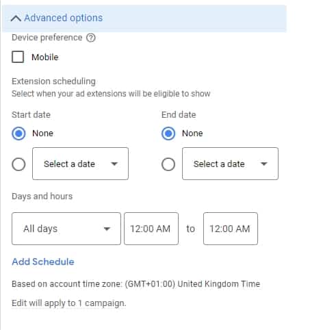 Scheduling Google Ads sitelink extensions