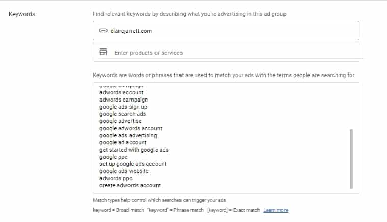 Adding keywords to a basic Google Ads campaign