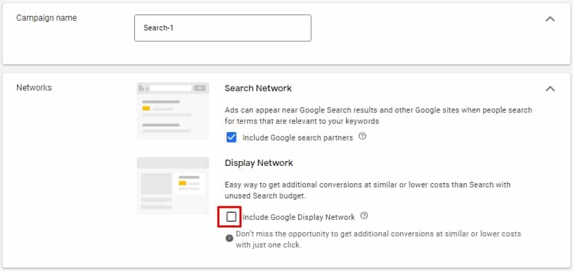 Google Ads setup - display only on search network