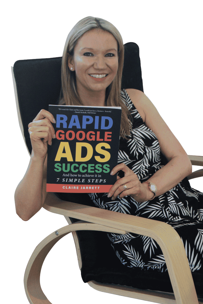 Claire Jarrett holding book Rapid Google Ads Success