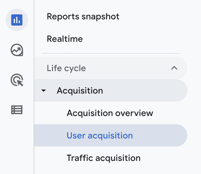 Google analytics dashboard showing how to access the User acquisition report