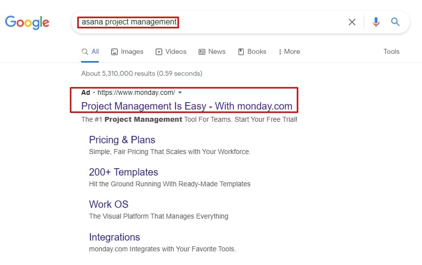 competitor brand name bidding on google ads example asana and monday