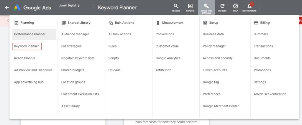 Google Ads management dashboard showing where to find Google Keyword Planner