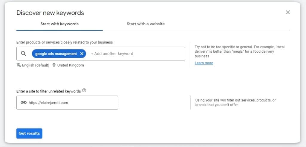 Google Ads management dashboard and forecasting costs by discovering new keywords