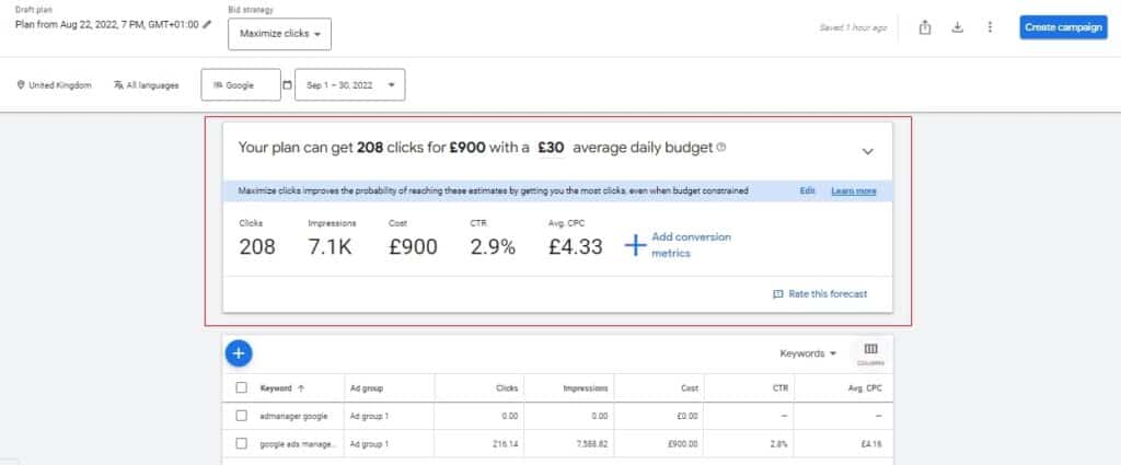 google ads cost estimation in google ads management dashboard