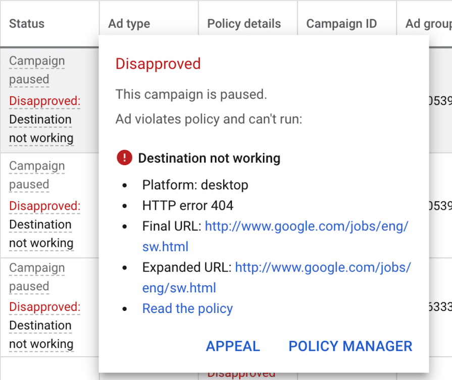 Image showing Google Ads being disapproved because of the destination not working