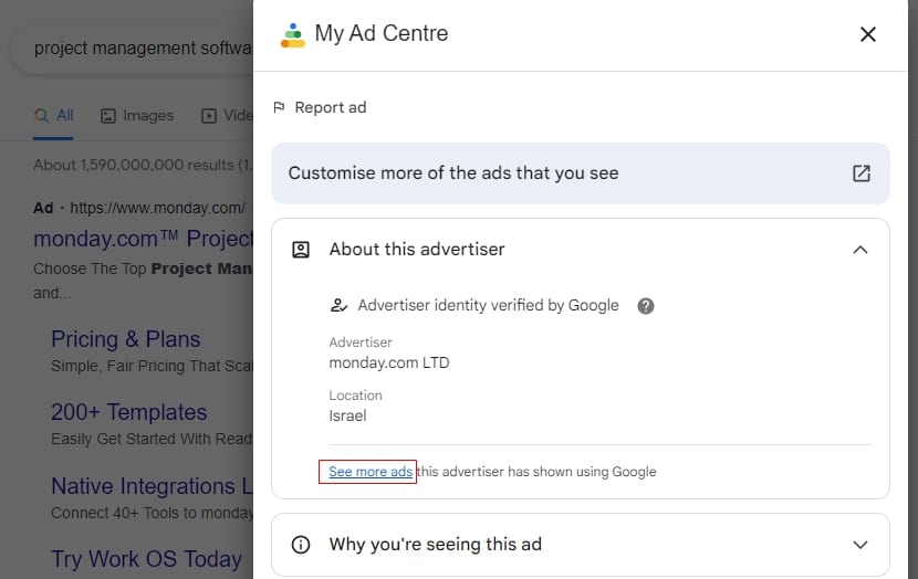 See competitors' ads in the Google ADs My Ad Centre