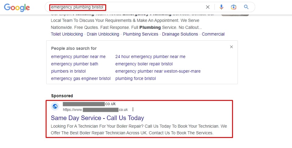 PPC ad example that shows the role of keywords in Google AdWords campaigns with relevance and matching search intent