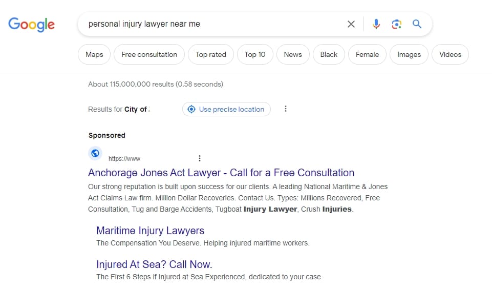 law firm ppc ad example