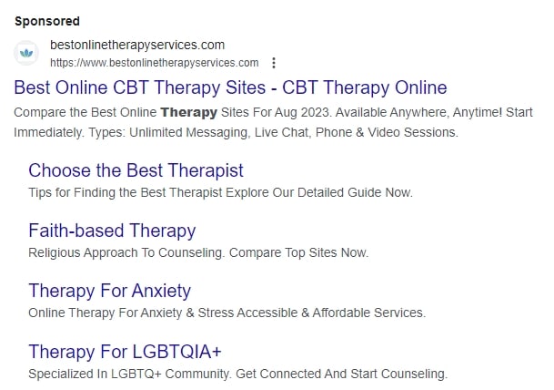 example of Google Ads for therapists